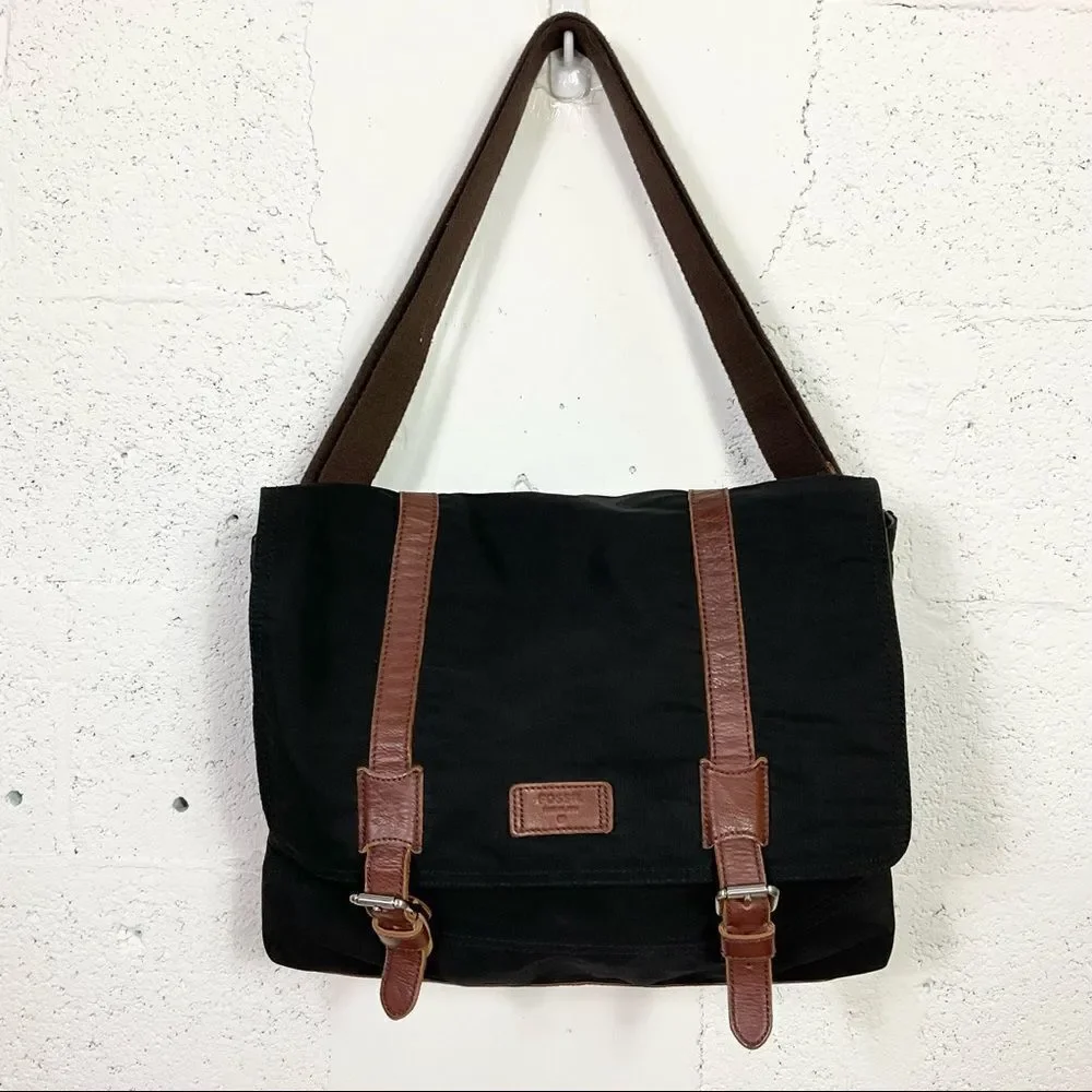 Fossil Canyon Black Brown Foldover Flap Messenger Computer Shoulder Bag